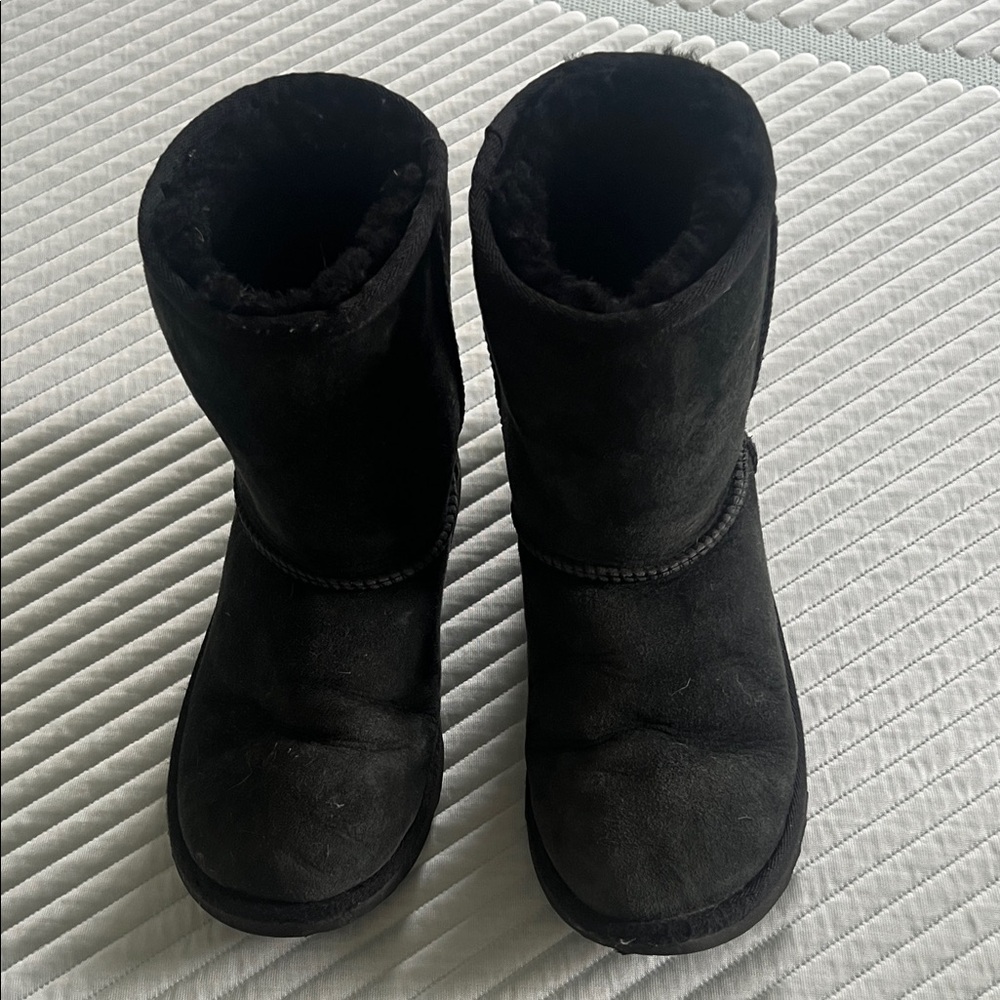 UGG Classic Black Shearling-Lined Short Boots with patent heal.